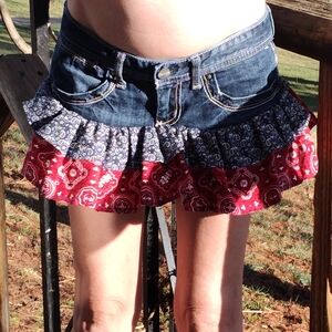 Upcycled Maurices Denim Mini Skort With Handmade Added Paisley Bandana